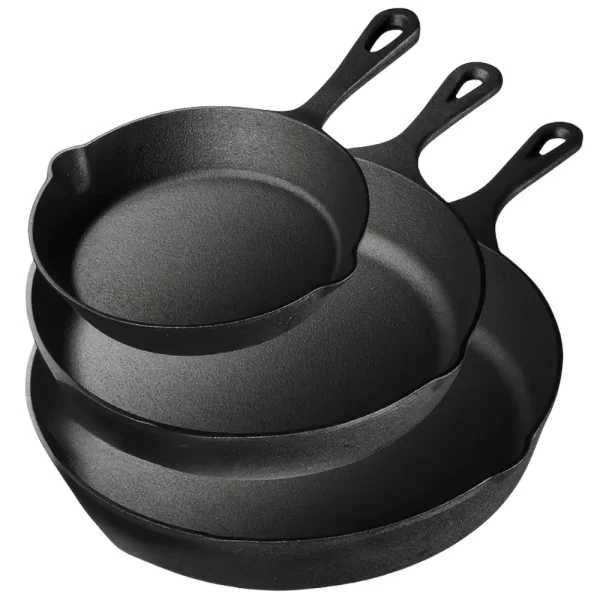 Sf3e957d56150405f9723d379ae40f8e4d.webp 3PCS Cast Iron Skillet Set (6/8/10 Inch) Pre-Seasoned, Heavy-Duty Pans for Oven, Grill and Campfire, Even Heat, Non-Stick Surface